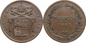 Italy. Gregorio XVI (1831-1846), Bartolomeo Alberto Cappellari. Baiocco A. XIII, 1843, Roma mint. Berm. 3291; Pag. 273. AE. 9.79 g. 30.00 mm. Good EF/...