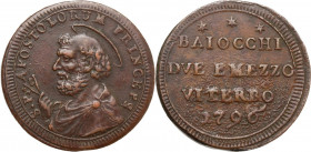 Italy. Pio VI (1775-1799), Giovanni Angelo Braschi. AE 2 e mezzo Baiocchi 1796, Viterbo mint. Berm. 3153; M. 425. AE. 15.33 g. 30.50 mm. Rough surface...