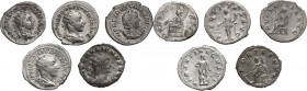 The Roman Empire. Multiple lot of five (5) Antoniniani. Including Gordian (2), Etruscilla, Trebonianus Gallus and Gallienus. AR/BI.
