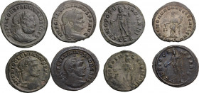 The Roman Empire. The four Tetrarchs. Multiple lot of four (4) AE Folles of Diocletian, Maximian, Constantius and Galerius. AE.