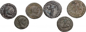 The Roman Empire. Multiple lot of three (3) AE Folles of Maximian (2) and Maxentius. AE.