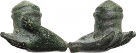 Solid bronze hand holding pyxis. Roman, 1st-3rd century AD. 28 x 21 mm 26.16 g.