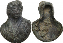 Bronze decorative element in the shape of a draped bust. Roman period. 51x38 mm.