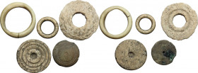 Lot of 5 bone gaming pieces. Roman period, 1st-4th century AD. From 32 mm to 17 mm.