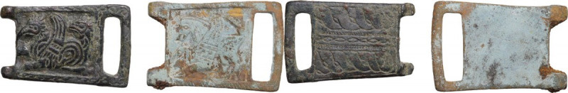 Lot of two (2) belt buckles decorated with Griffons. Medieval period. 48 x 32 mm...
