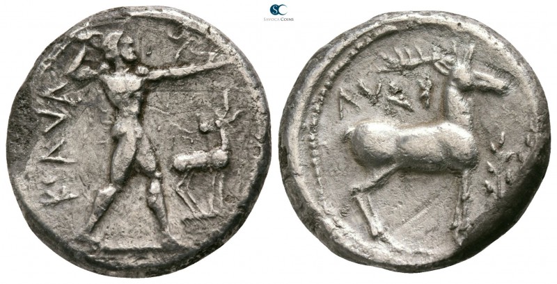 Bruttium. Kaulonia circa 475-425 BC. 
Nomos AR

18mm., 5,51g.

KAVΛ, Apollo...