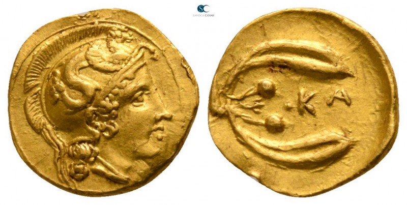 Sicily. Kamarina circa 405 BC. 
Diobol AV

9mm., 1,18g.

Head of Athena rig...