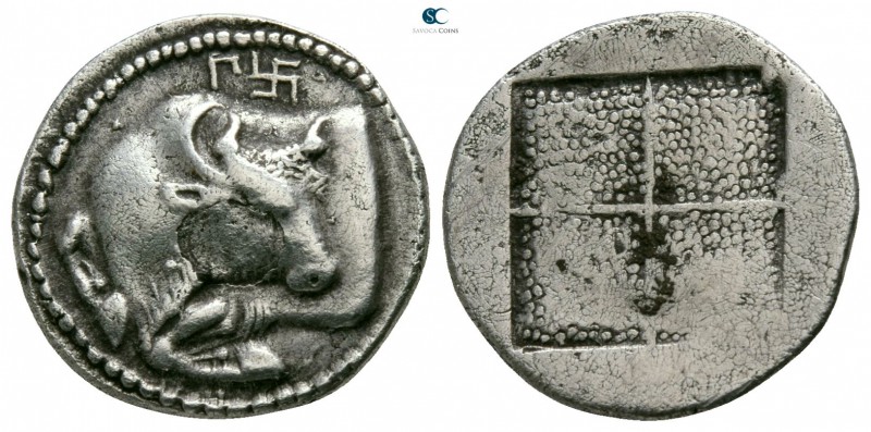 Macedon. Akanthos circa 430-390 BC. 
Tetrobol AR

15mm., 2,22g.

Forepart o...