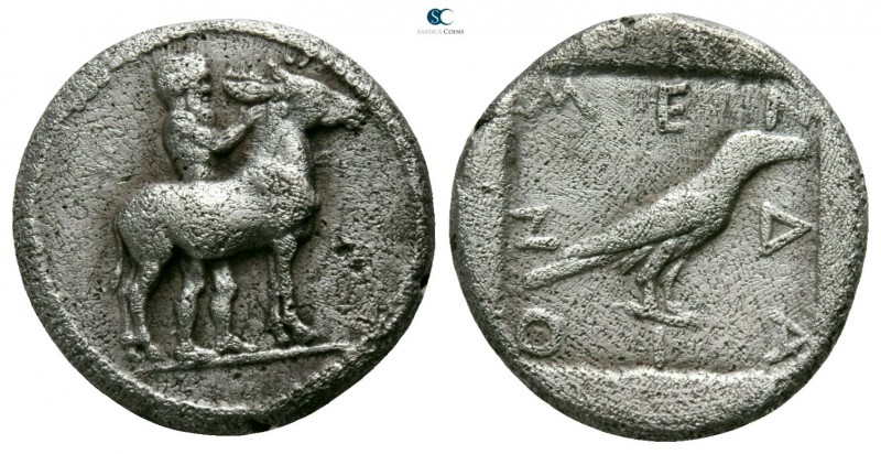 Macedon. Mende circa 460-423 BC. 
Tetrobol AR

13mm., 2,41g.

Silenos stand...