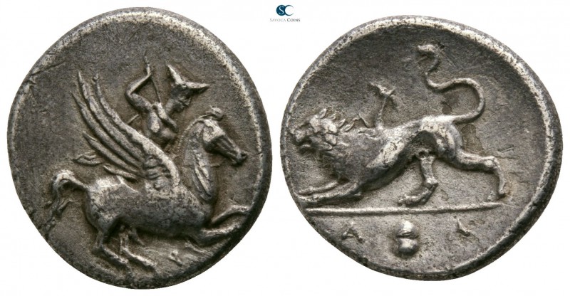 Corinthia. Corinth circa 330 BC. 
Trihemidrachm AR

17mm., 3,95g.

Bellerop...