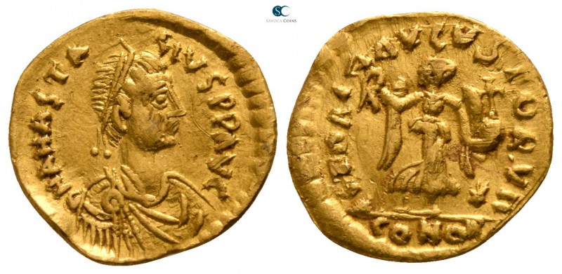 Anastasius I AD 491-518. Constantinople
Tremissis AV

13mm., 1,23g.

D N AN...