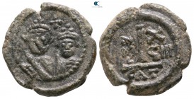 Heraclius with Heraclius Constantine AD 610-641. Dated year 19=AD 628/9. Catania. Decanummium Æ