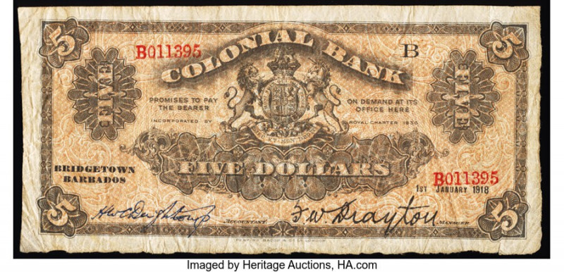 Barbados Colonial Bank 5 Dollars 1.1.1918 Pick S151 Contemporary Counterfeit Fin...
