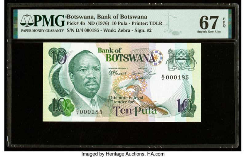 Low Serial Number 185 Botswana Bank of Botswana 10 Pula ND (1976) Pick 4b PMG Su...