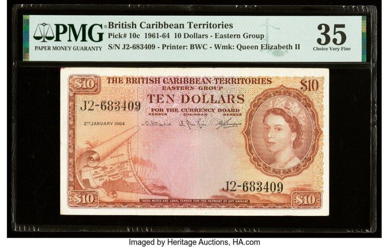 British Caribbean Territories Currency Board 10 Dollars 2.1.1964 Pick 10c PMG Ch...