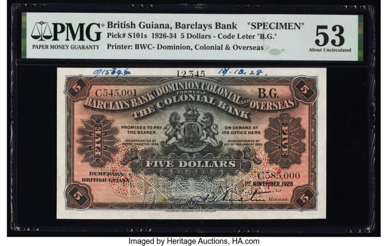British Guiana Barclays Bank 5 Dollars 1.11.1928 Pick S101s Specimen PMG About U...