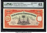 British West Africa West African Currency Board 20 Shillings 2.1.1928 Pick 8as Specimen PMG Choice Uncirculated 63. Minor thinning is noted on this ex...