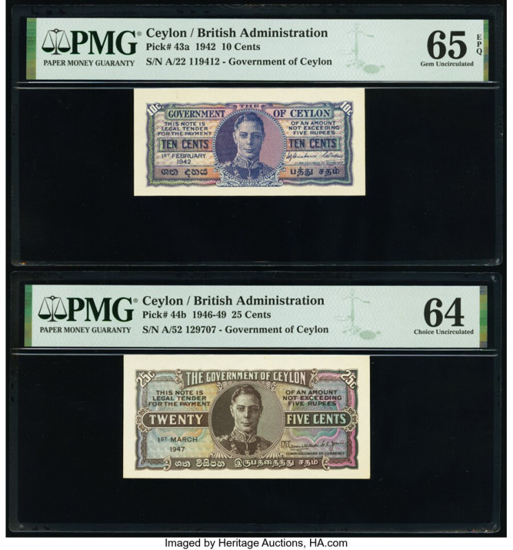 Ceylon Government of Ceylon 10; 25 Cents 1.2.1942; 1.3.1947 Pick 43a; 44b Two Ex...