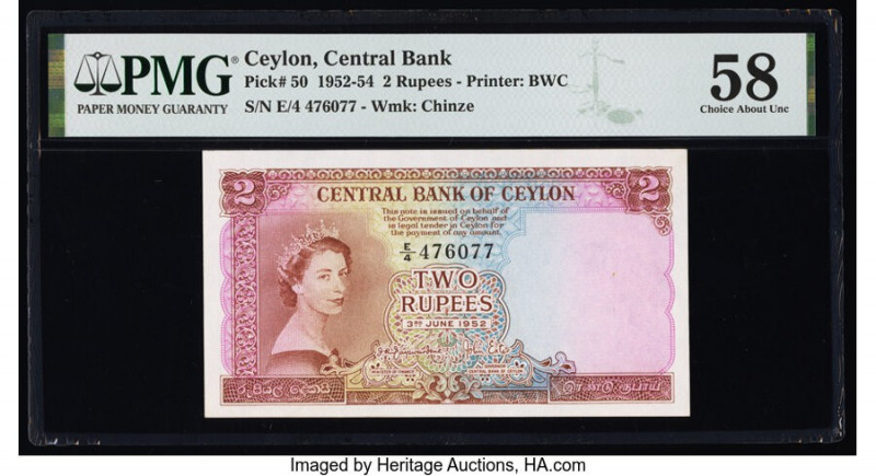 Ceylon Central Bank of Ceylon 2 Rupees 3.6.1952 Pick 50 PMG Choice About Unc 58....