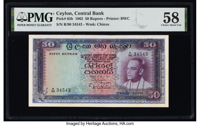 Ceylon Central Bank of Ceylon 50 Rupees 5.6.1963 Pick 65b PMG Choice About Unc 5...