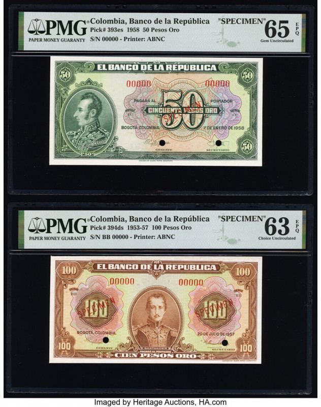 Colombia Banco de la Republica 50; 100 Pesos Oro 1.1.1958; 20.7.1957 Pick 393es;...