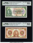 Colombia Banco de la Republica 50; 100 Pesos Oro 1.1.1958; 20.7.1957 Pick 393es; 394ds Two Specimen PMG Gem Uncirculated 65 EPQ; Choice Uncirculated 6...