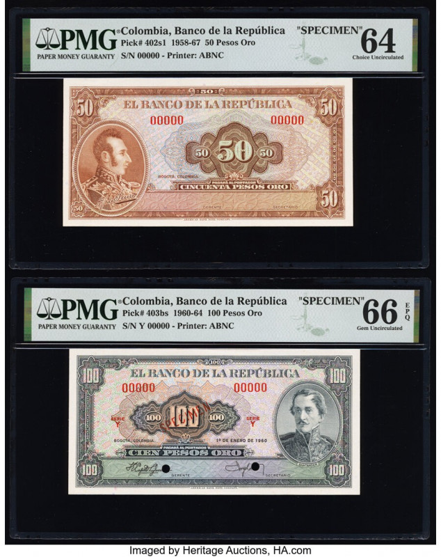 Colombia Banco de la Republica 50; 100 Pesos Oro 1958-67; 1.1.1960 Pick 402s1; 4...