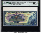 Costa Rica Banco Internacional de Costa Rica 5 Colones ND (1925-28) Pick 185s Specimen PMG Gem Uncirculated 65 EPQ. Red Specimen overprints, selvage i...