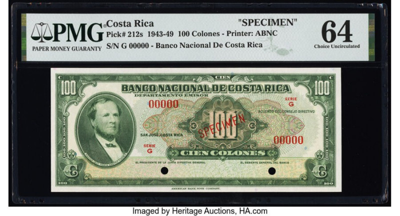 Costa Rica Banco Nacional de Costa Rica 100 Colones 1943-49 Pick 212s Specimen P...