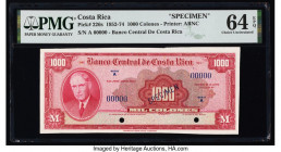 Costa Rica Banco Central de Costa Rica 1000 Colones 1952-74 Pick 226s Specimen PMG Choice Uncirculated 64 EPQ. Specimen overprints and two POCs are pr...