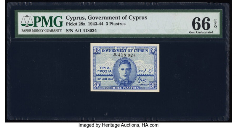 Cyprus Central Bank of Cyprus 3 Piastres 18.6.1943 Pick 28a PMG Gem Uncirculated...