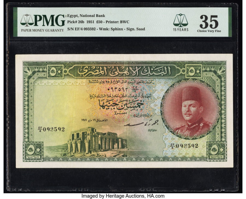 Egypt National Bank of Egypt 50 Pounds 1951 Pick 26b PMG Choice Very Fine 35. 

...