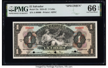 El Salvador Banco Central de Reserva de El Salvador 1 Colon 31.8.1934 Pick 75s Specimen PMG Gem Uncirculated 66 EPQ. Red Specimen overprints and three...