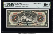 El Salvador Banco Central de Reserva de El Salvador 2 Colones 19.3.1942 Pick 76s Specimen PMG Gem Uncirculated 66 EPQ. Red Specimen overprints and thr...
