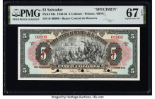 El Salvador Banco Central de Reserva de El Salvador 5 Colones 11.1.1944 Pick 84s Specimen PMG Superb Gem Unc 67 EPQ. Red Specimen overprints and three...