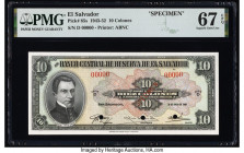 El Salvador Banco Central de Reserva de El Salvador 10 Colones 20.1.1948 Pick 85s Specimen PMG Superb Gem Unc 67 EPQ. Red Specimen overprints and thre...
