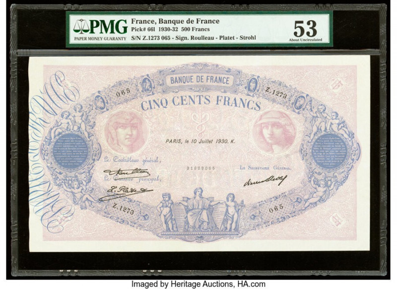 France Banque de France 500 Francs 10.7.1930 Pick 66l PMG About Uncirculated 53....