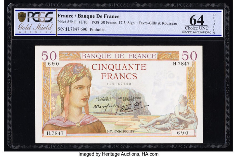 France Banque de France 50 Francs 17.3.1938 Pick 85b PCGS Gold Shield Choice UNC...