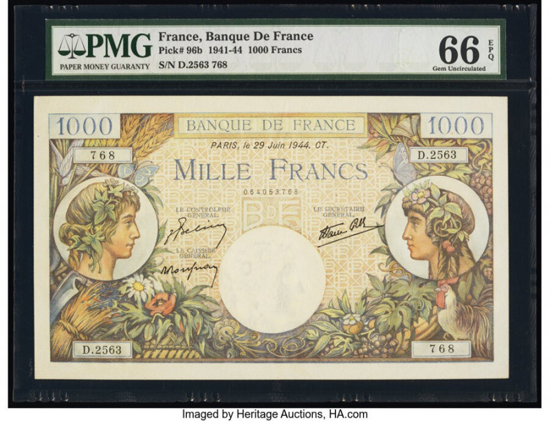 France Banque de France 1000 Francs 29.6.1944 Pick 96b PMG Gem Uncirculated 66 E...