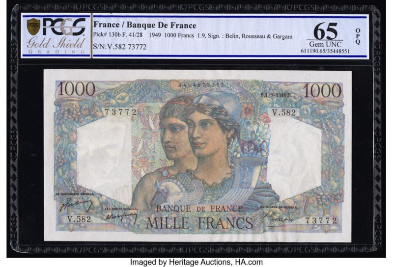 France Banque de France 1000 Francs 1.9.1949 Pick 130b PCGS Gold Shield Gem UNC ...