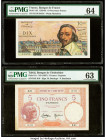 France Banque de France 10 Nouveaux Francs 7.12.1961 Pick 142 PMG Choice Uncirculated 64; Tahiti Banque de l'Indochine 5 Francs ND (1927) Pick 11c PMG...