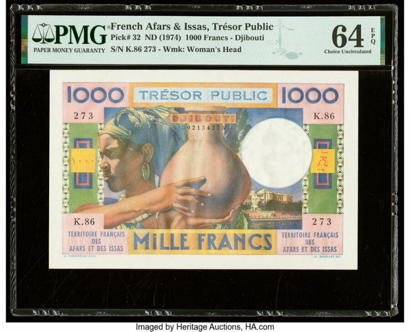 French Afars & Issas Tresor Public, Djibouti 1000 Francs ND (1974) Pick 32 PMG C...