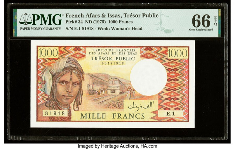French Afars & Issas Tresor Public 1000 Francs ND (1975) Pick 34 PMG Gem Uncircu...