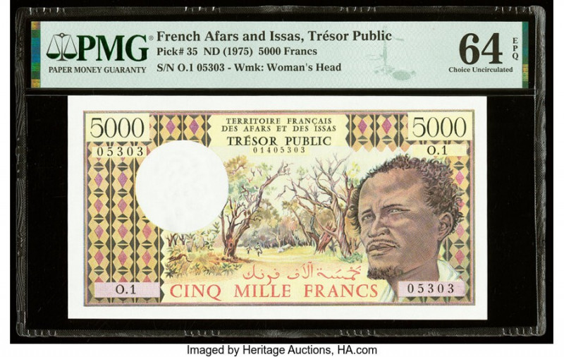 French Afars & Issas Tresor Public 5000 Francs ND (1975) Pick 35 PMG Choice Unci...