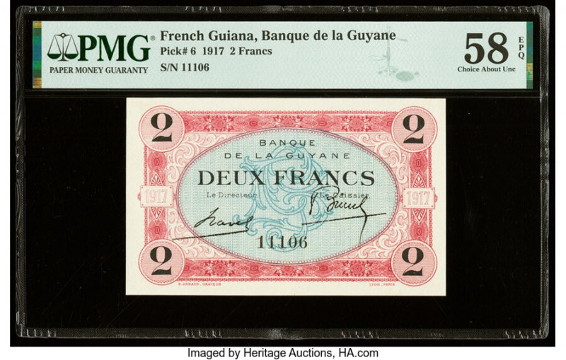 French Guiana Banque de la Guyane 2 Francs 1917 Pick 6 PMG Choice About Unc 58 E...