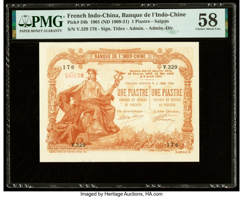 French Indochina Banque de l'Indo-Chine 1 Piastre 1901 (ND 1909-21) Pick 34b PMG...