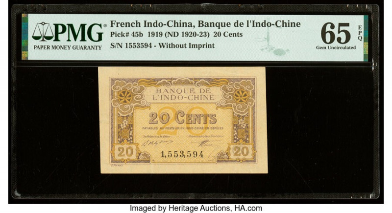 French Indochina Banque de l'Indo-Chine 20 Cents 1919 (ND 1920-23) Pick 45b PMG ...