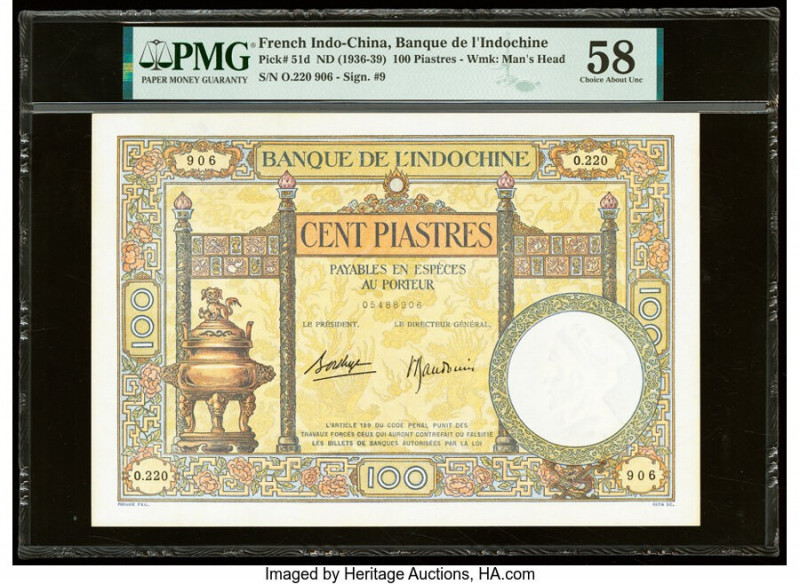 French Indochina Banque de l'Indo-Chine 100 Piastres ND (1936-39) Pick 51d PMG C...