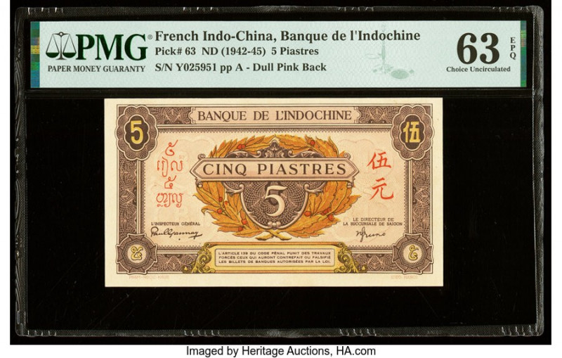 French Indochina Banque de l'Indo-Chine 5 Piastres ND (1942-45) Pick 63 PMG Choi...