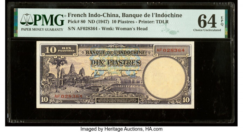 French Indochina Banque de l'Indo-Chine 10 Piastres ND (1947) Pick 80 PMG Choice...